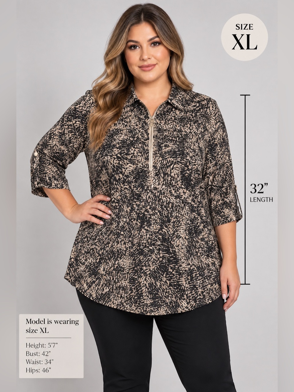 Catherines Women's Plus Size 1XL Black & Cream
Abstract Print Collared Blouse